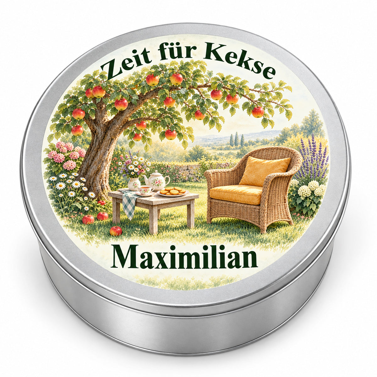 Geschlossene silberne Keksdose mit Gartenmotiv Auszeit unter dem Apfelbaum auf weißem Hintergrund