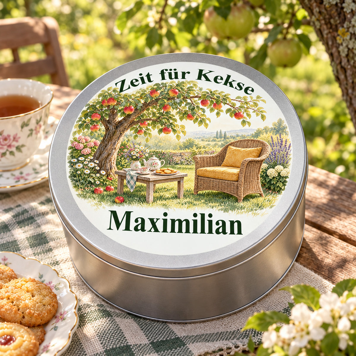 Keksdose mit Motiv Auszeit unter dem Apfelbaum neben Tee und Keksen in einer Gartenumgebung