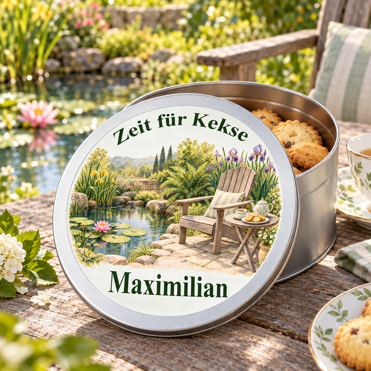 Offene Keksdose mit Keksen und daneben aufgestelltem bedrucktem Deckel mit Motiv Kekspause am Gartenteich
