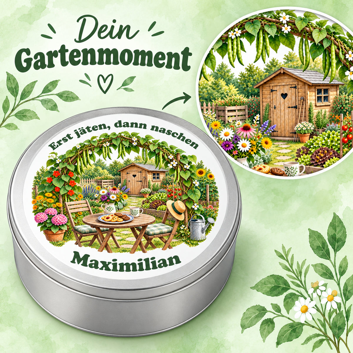 Keksdose mit Bohnenbogen und vergrößertem Ausschnitt des Gartenmotivs.