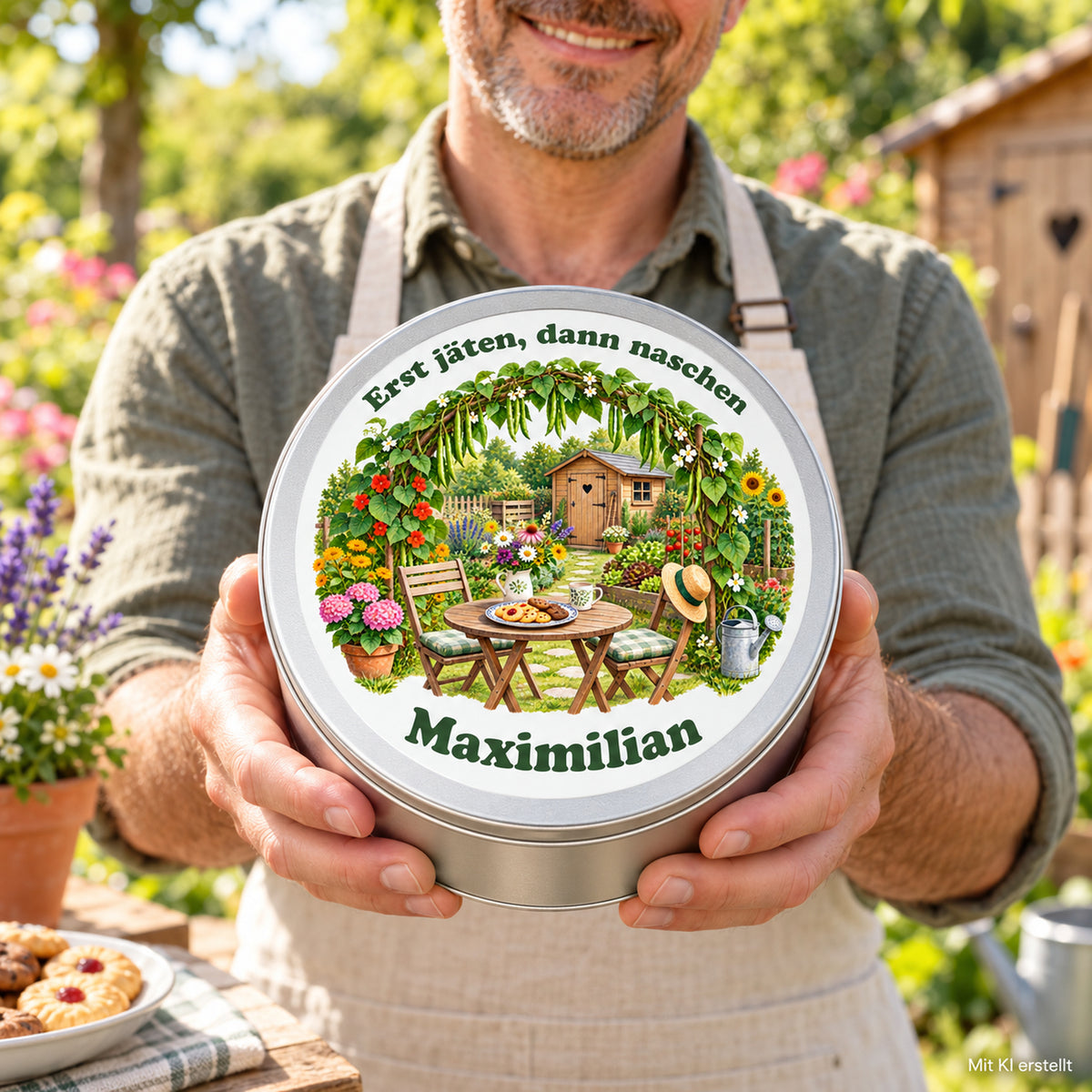 Gärtner hält eine personalisierte Keksdose mit Bohnenbogen vor sich im Garten.