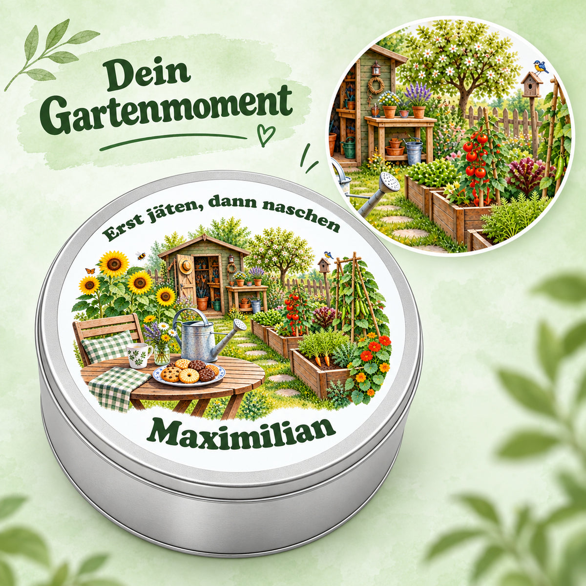 Keksdose mit Hochbeeten und Sonnenblumen und vergrößertem Ausschnitt des Gartenmotivs.