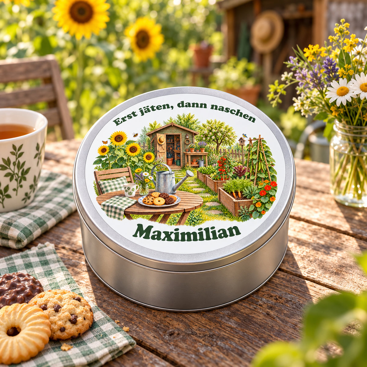 Keksdose mit Hochbeeten und Sonnenblumen auf einem Gartentisch neben Keksen und einer Tasse.
