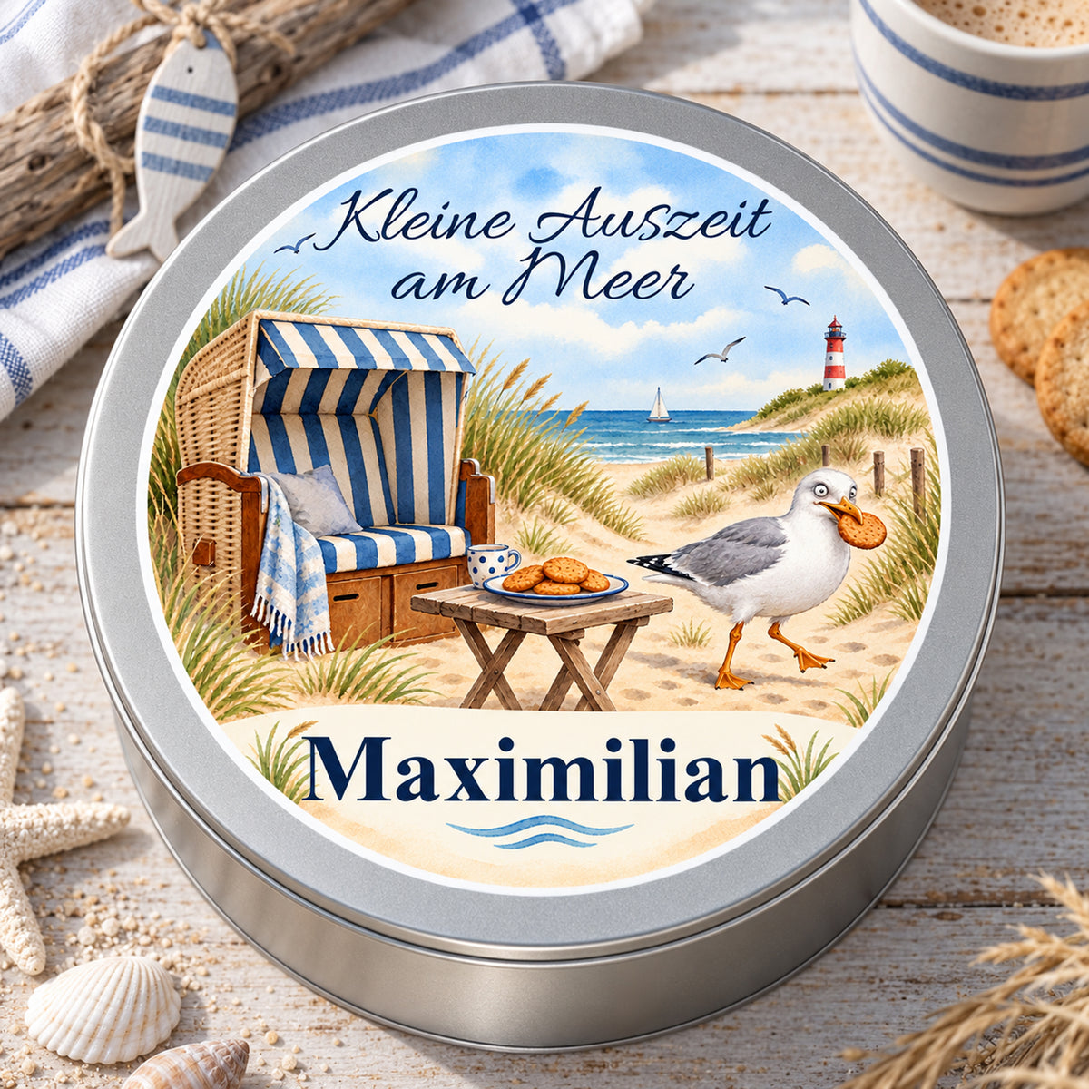 Deckelansicht der personalisierten Keksdose mit dem Motiv Strandkorb-Keksdieb