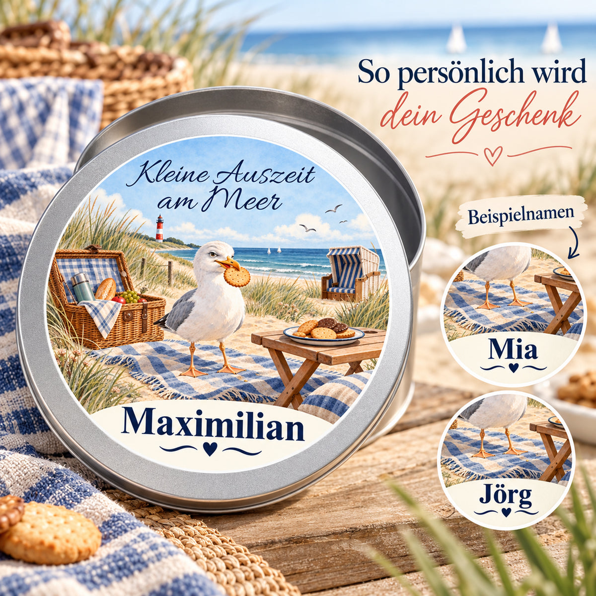 Keksdose mit dem Motiv Dünenpicknick mit Wunschname und zusätzlichen Namensbeispielen