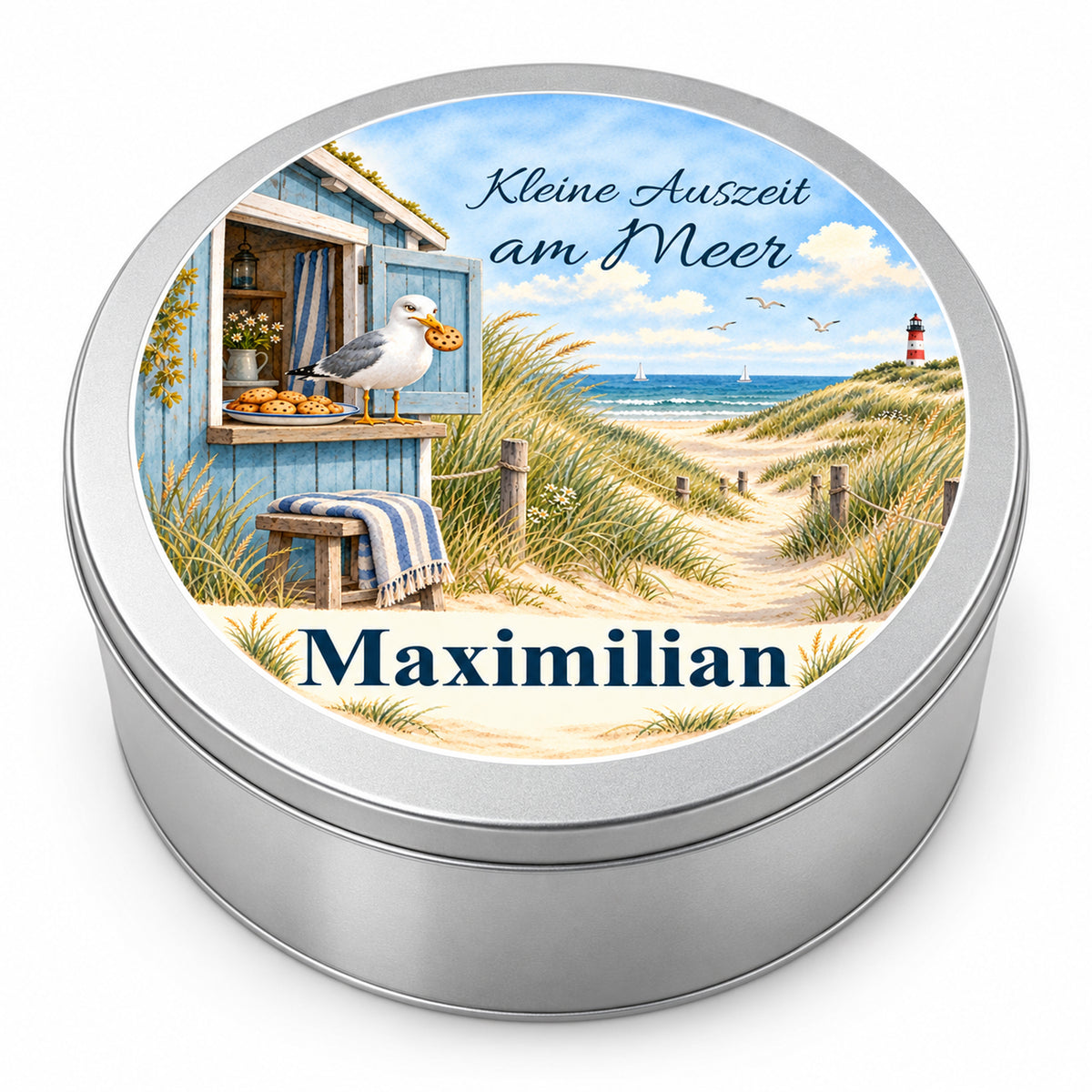 Silberne Keksdose mit personalisiertem Deckel und maritimem Strandhäuschen-Kekspause-Motiv