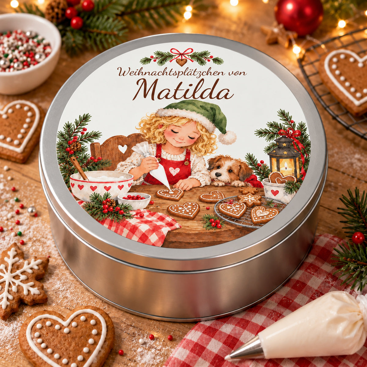 Runde personalisierte Keksdose mit Weihnachtsbäckerin beim Verzieren von Herzplätzchen und kleinem Hund.