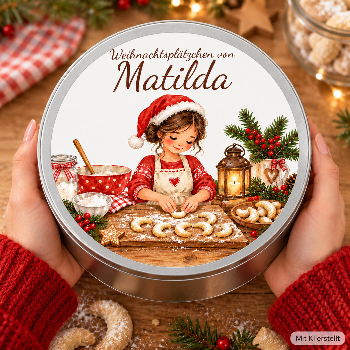 Hände halten die Keksdose mit Weihnachtsbäckerin beim Vanillekipferlformen über einem Backtisch.
