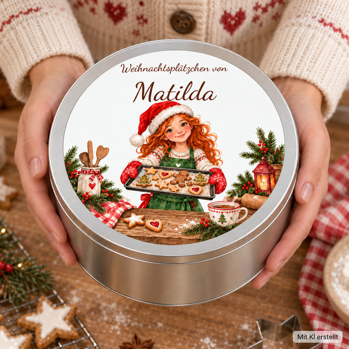 Hände präsentieren eine personalisierbare Weihnachtskeksdose mit silbernem Metallkörper.