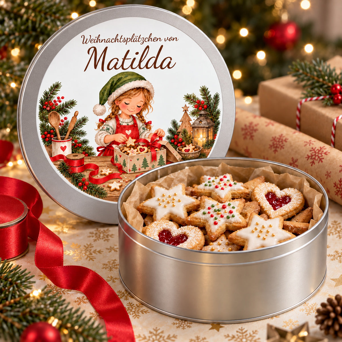 Geöffnete Keksdose mit Weihnachtsplätzchen und aufgestelltem personalisiertem Deckel mit Weihnachtsbäckerin beim Verpacken eines Keksgeschenks.