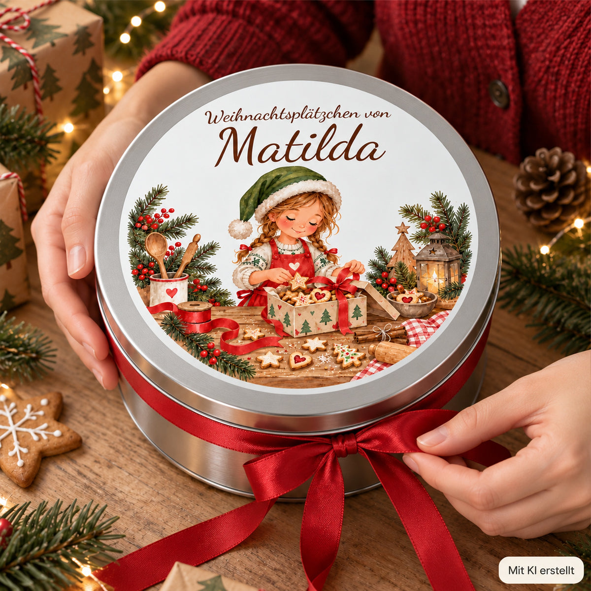 Hände präsentieren eine personalisierbare Weihnachtskeksdose mit silbernem Metallkörper.