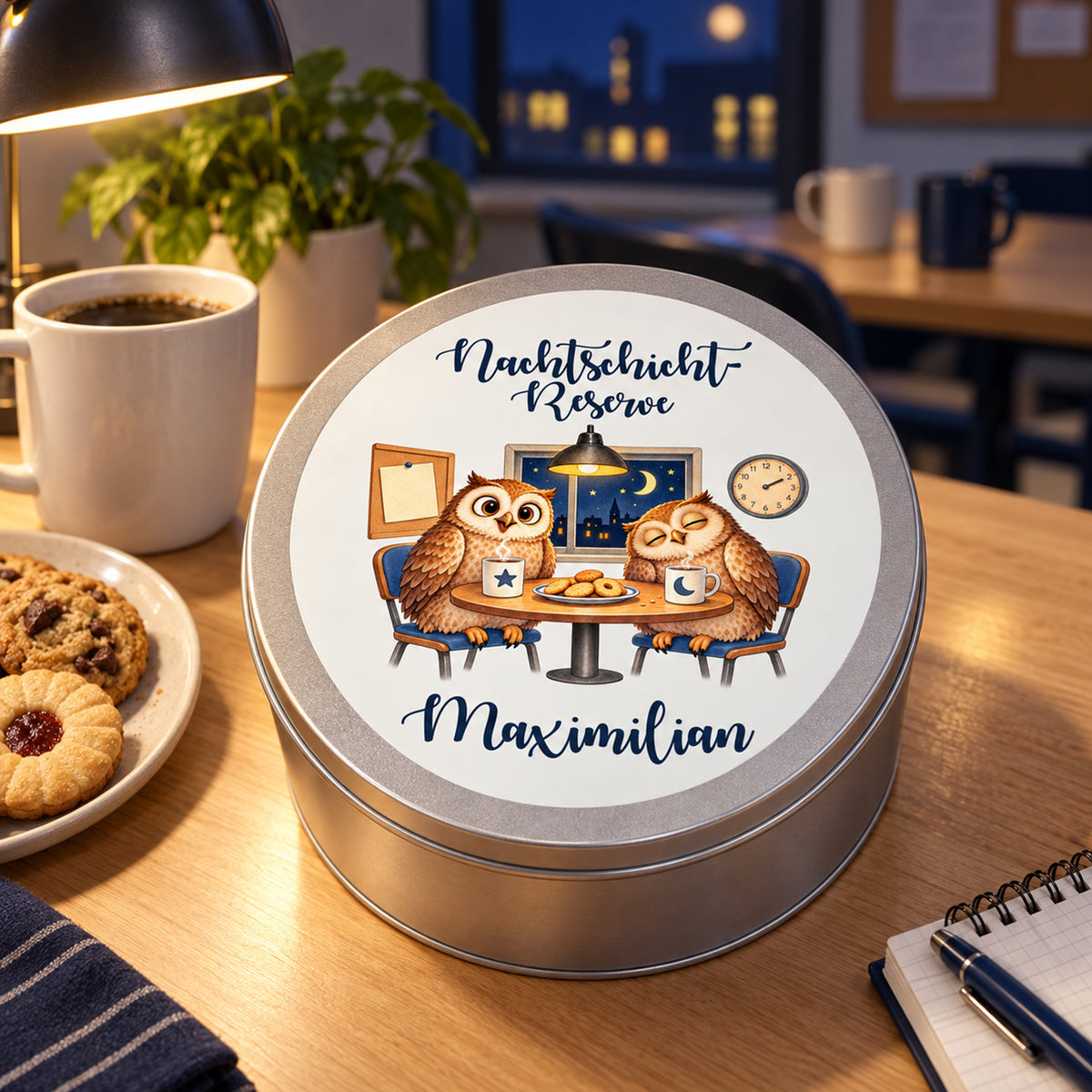 Keksdose Nachtschicht-Reserve – Gemeinsame Nachtschichtpause: Keksdose mit einer Tasse und Keksen am Pausenplatz