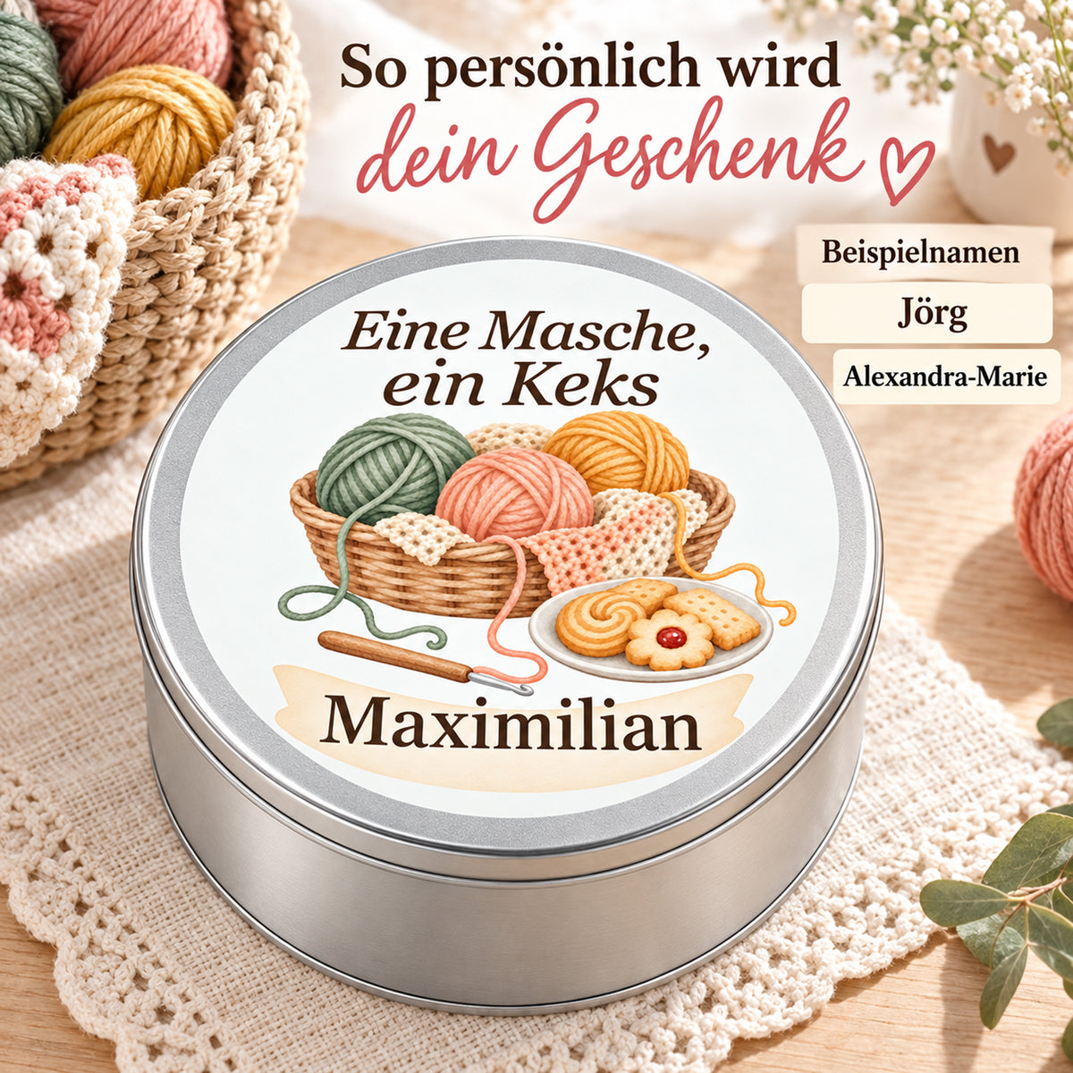Keksdose mit Namensfeld neben kurzen und langen Beispielnamen.