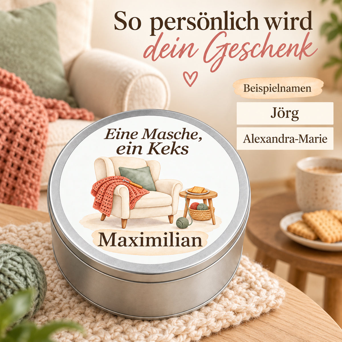Keksdose mit Namensfeld neben kurzen und langen Beispielnamen.