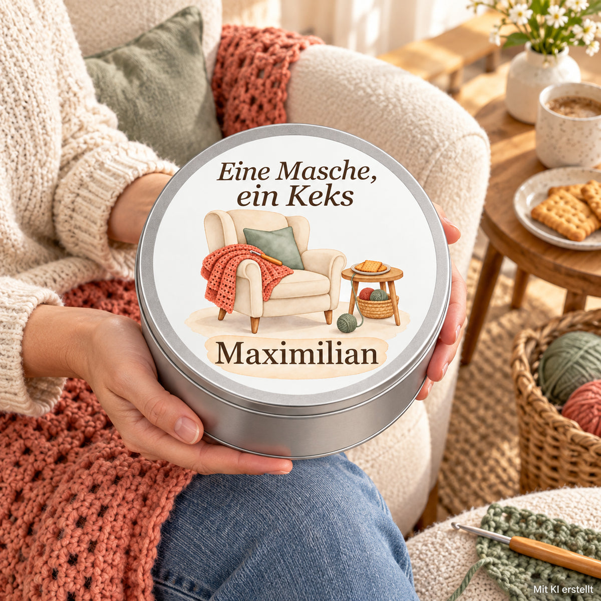 Erwachsene Hände halten die Keksdose mit Häkelmotiv und Namensfeld; Hinweis „Mit KI erstellt“.