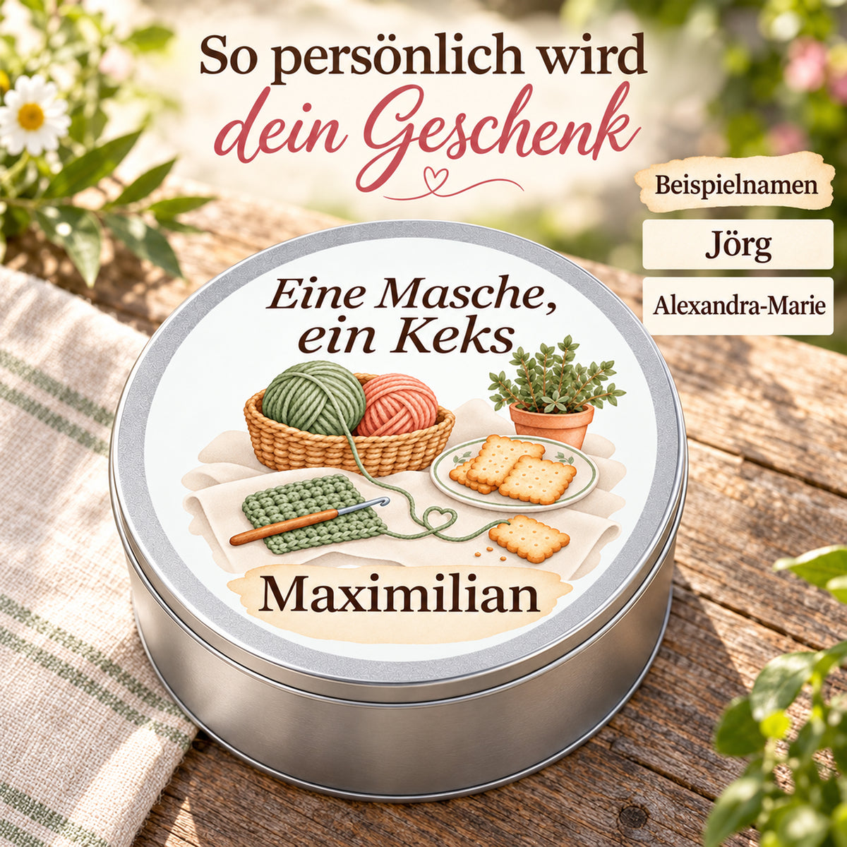 Keksdose mit Namensfeld neben kurzen und langen Beispielnamen.