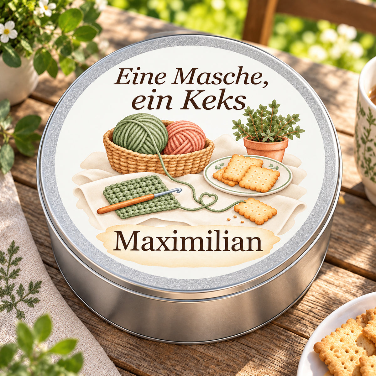 Nahansicht der Keksdose mit Wollkorb, Häkelstück, Keksen und Kräutertopf, Spruch und Namensfeld.