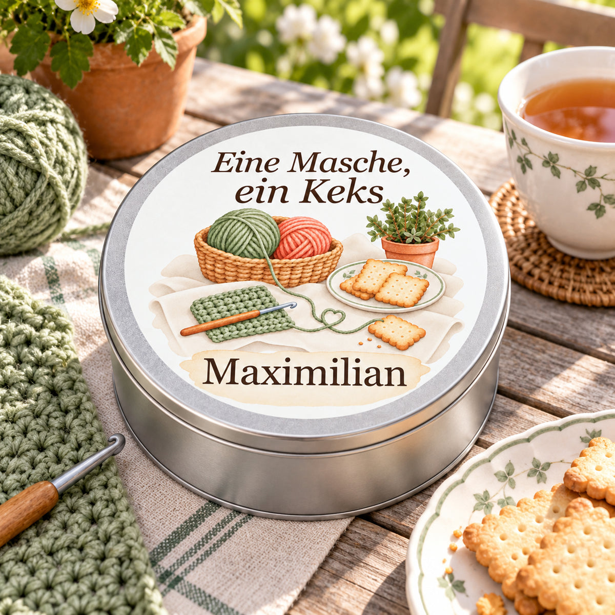 Geschlossene Keksdose mit Häkelmotiv und Namensfeld neben Tasse, Keksen und Häkelmaterial.