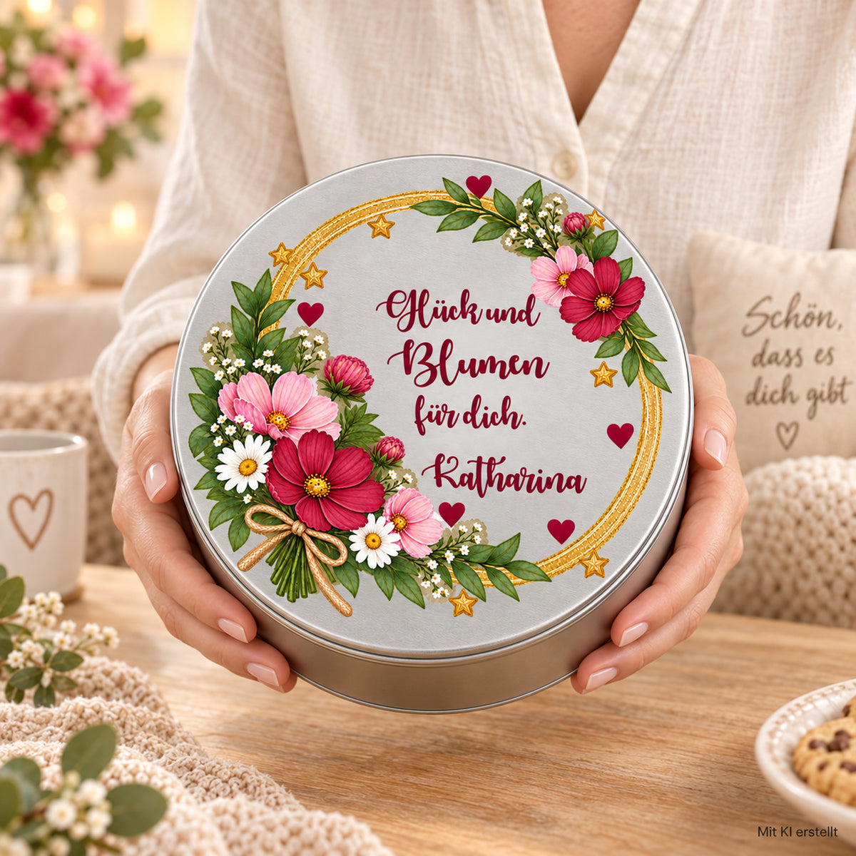Hände halten die personalisierte silberne Blumen-Keksdose – Motiv „Glück und Blumen“
