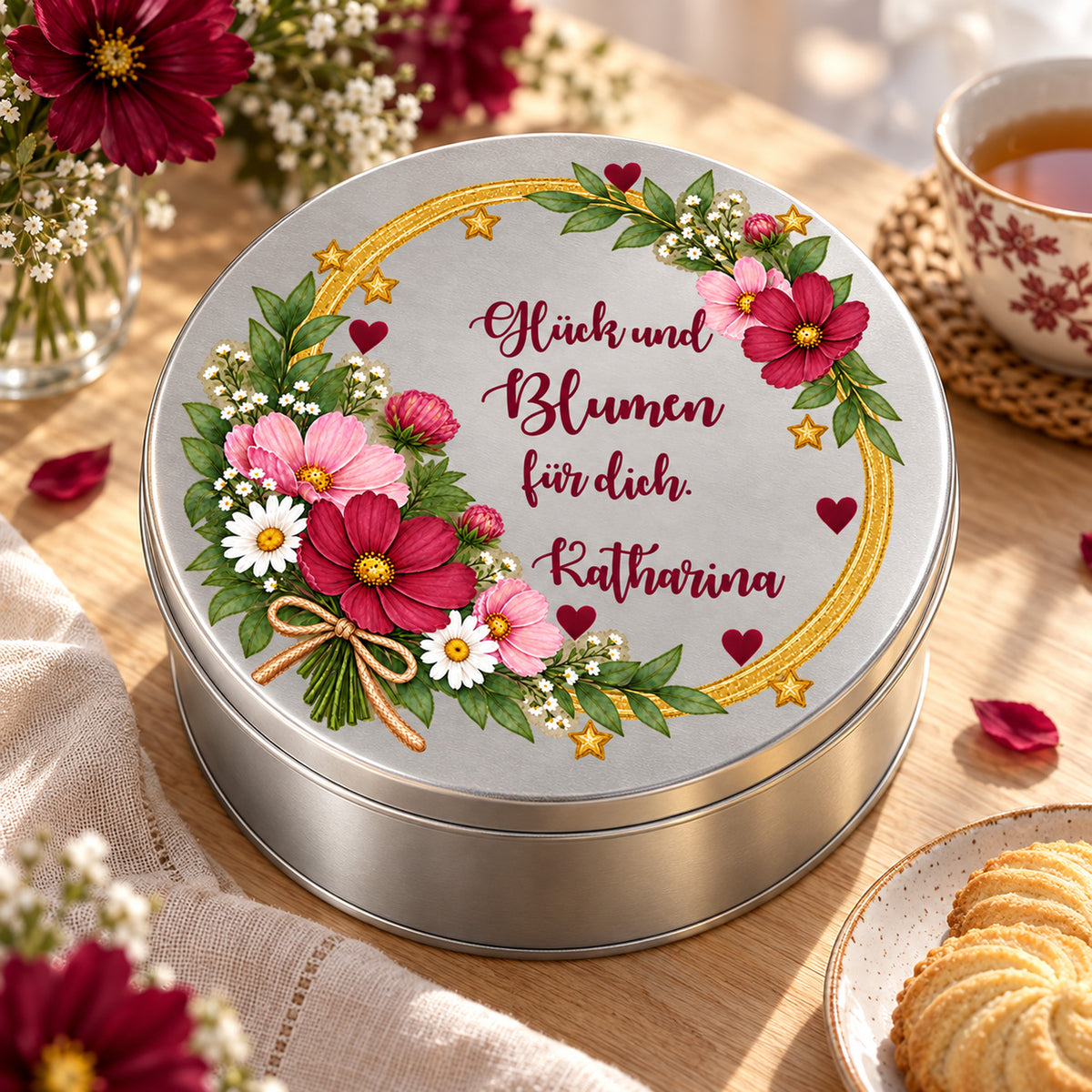 Blumen-Keksdose neben Tee, Keksen und Blumen auf einem Holztisch – Motiv „Glück und Blumen“