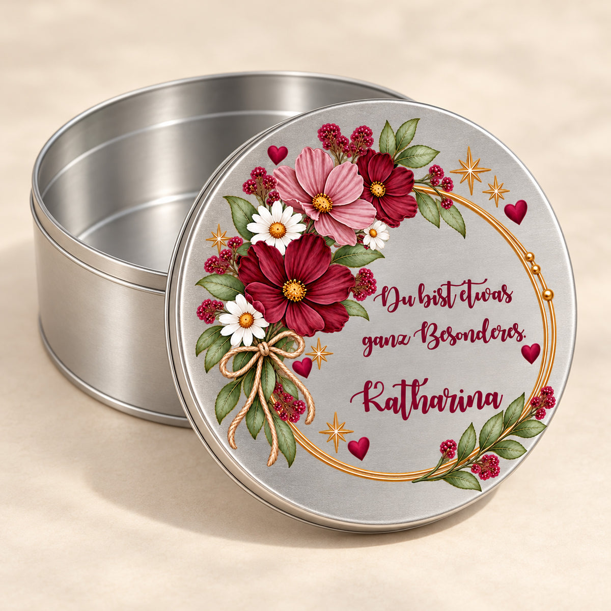 Geöffnete leere Keksdose mit passendem bedrucktem Deckel – Motiv „Ganz Besonderes“