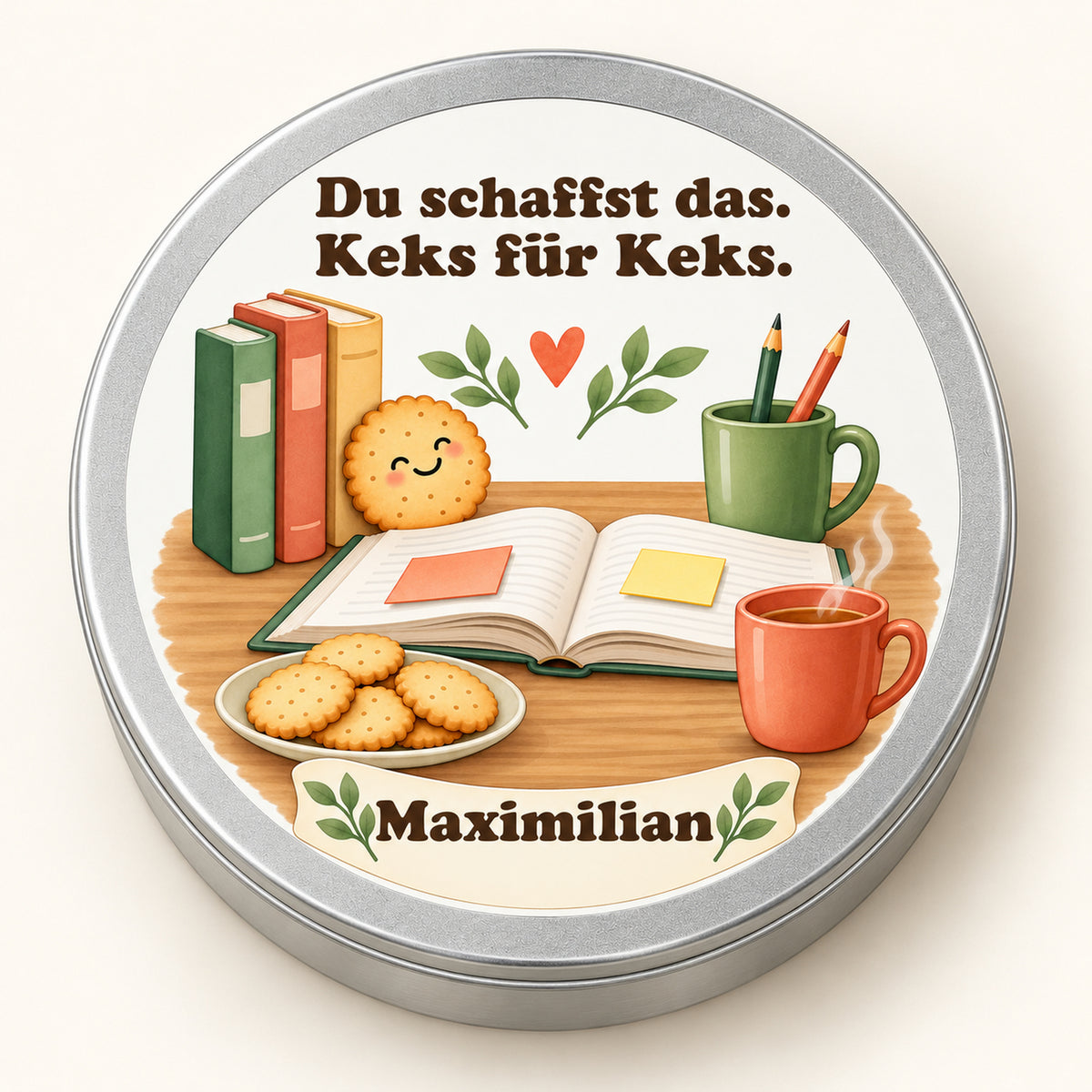 Keksdose Lernbegleiter von oben mit stehenden Büchern und fröhlichem Keks auf dem Deckel