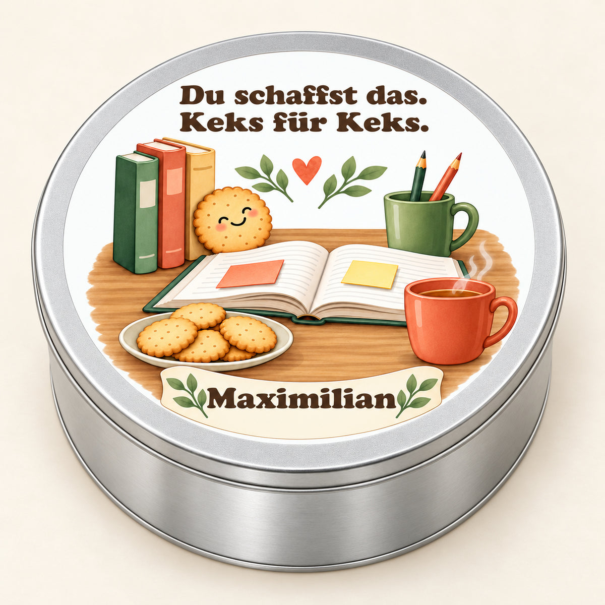 Runde Keksdose Lernbegleiter in Dreiviertelansicht mit silbernem Dosenkörper und bedrucktem Deckel