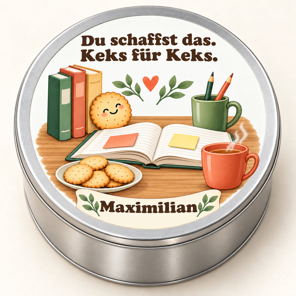 Nahansicht des bedruckten Deckels mit Lernmotiv, Wunschname und dem Spruch Du schaffst das. Keks für Keks.