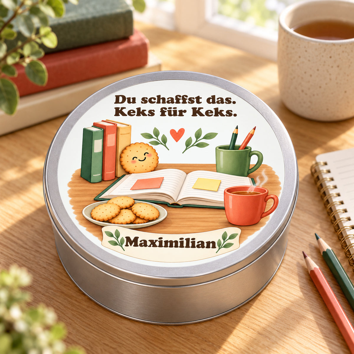 Personalisierte Keksdose Lernbegleiter auf einem warm gestalteten Lerntisch mit Büchern und Schreibwaren