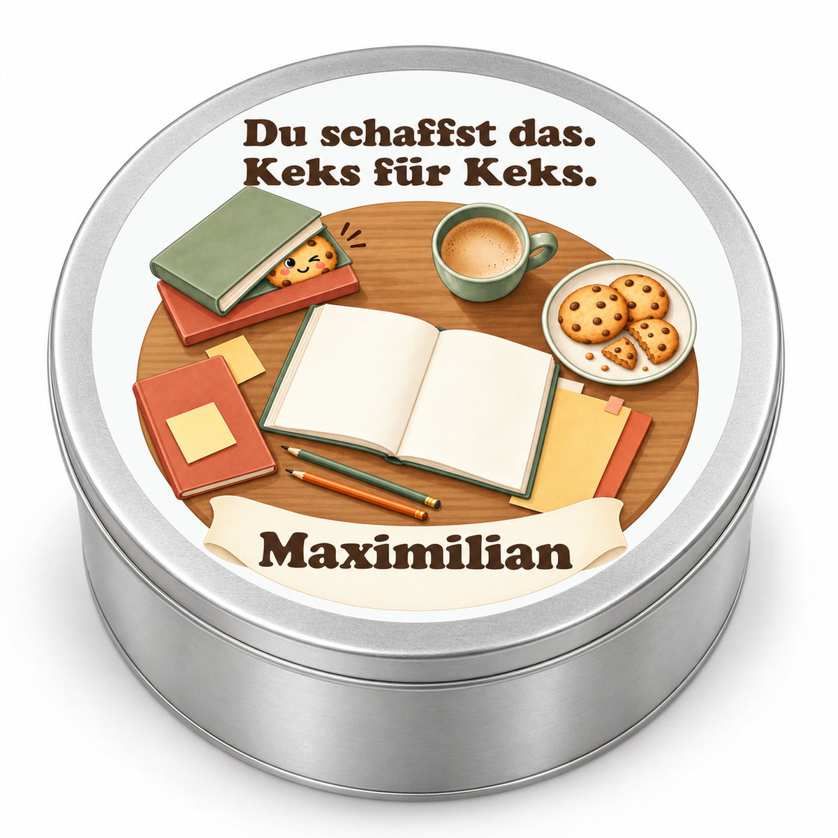 Personalisierte Keksdose Lernplan von oben mit Lernmotiv und Motivationsspruch auf weißem Hintergrund