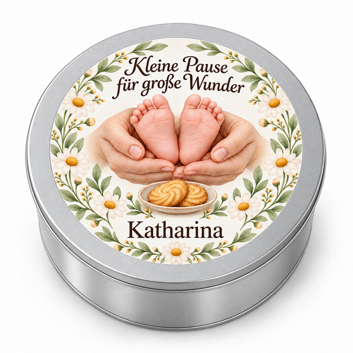 Personalisierte Keksdose Hebamme mit Namen Katharina und Kamillenkranz auf dem Deckel.
