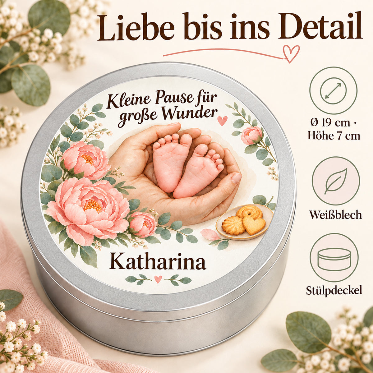 Keksdose im Motiv Pfingstrosenbogen mit Angaben zu Durchmesser, Höhe, Weißblech und Stülpdeckel