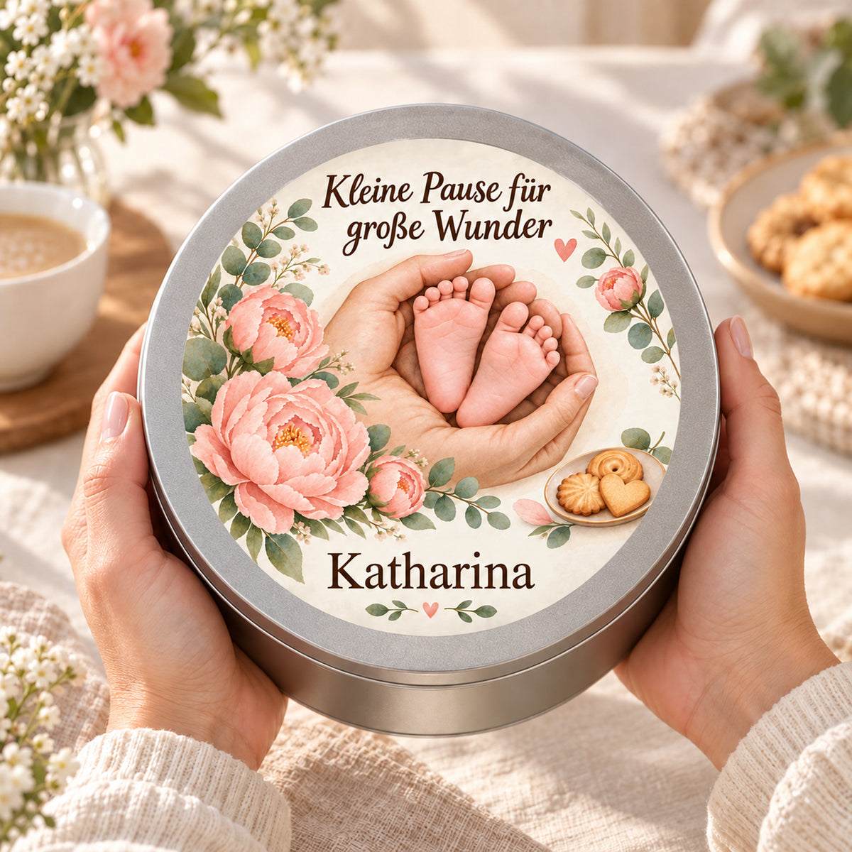 Hände halten die personalisierte Keksdose mit dem floralen Hebammenmotiv Pfingstrosenbogen
