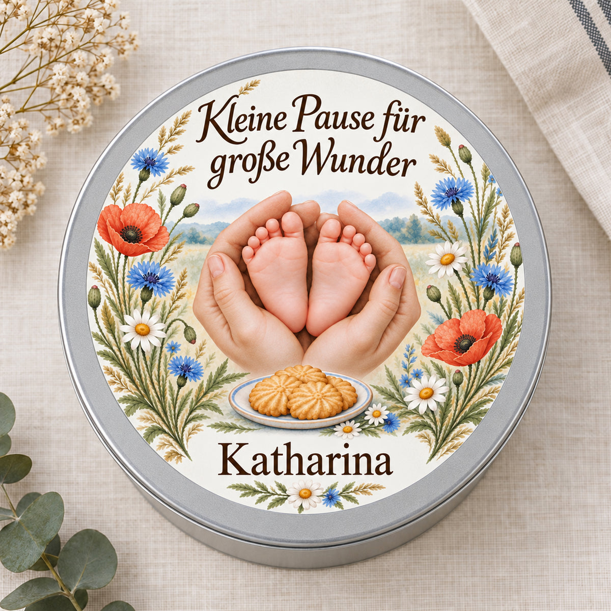 Draufsicht auf die Keksdose mit Babyfüßen, Blumen und Wunschname im Motiv Wiesenblüten