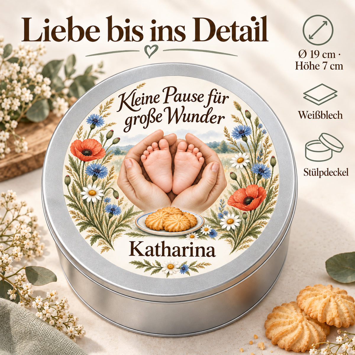 Keksdose im Motiv Wiesenblüten mit Angaben zu Durchmesser, Höhe, Weißblech und Stülpdeckel