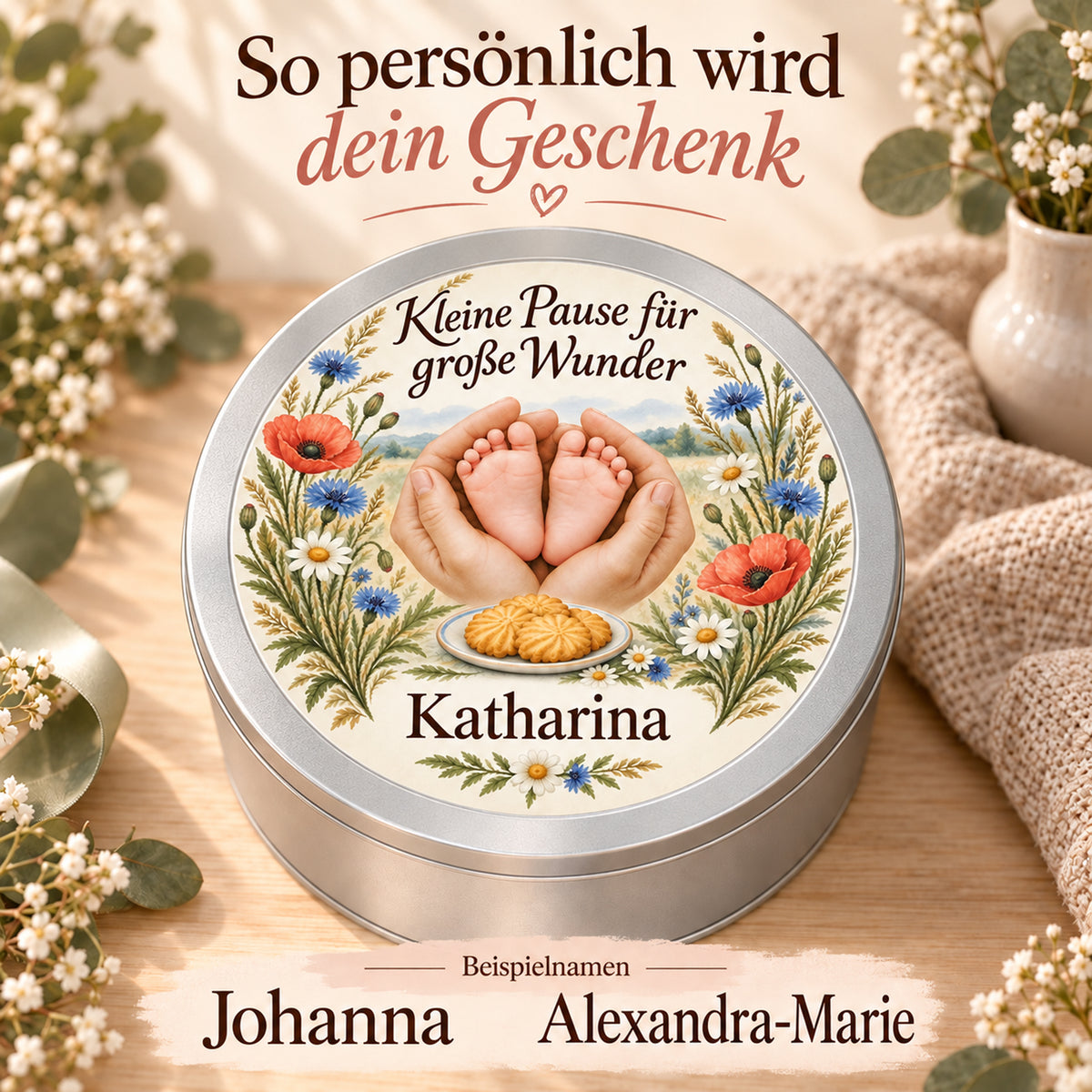 Eine Keksdose mit Wiesenblüten-Motiv und Wunschname neben zwei flachen Textbeispielen für Namen