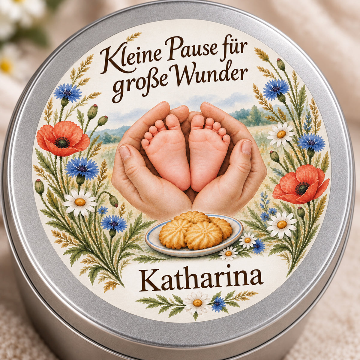 Detail des floralen Wiesenblüten-Deckeldrucks mit Babyfüßen und Namensschrift