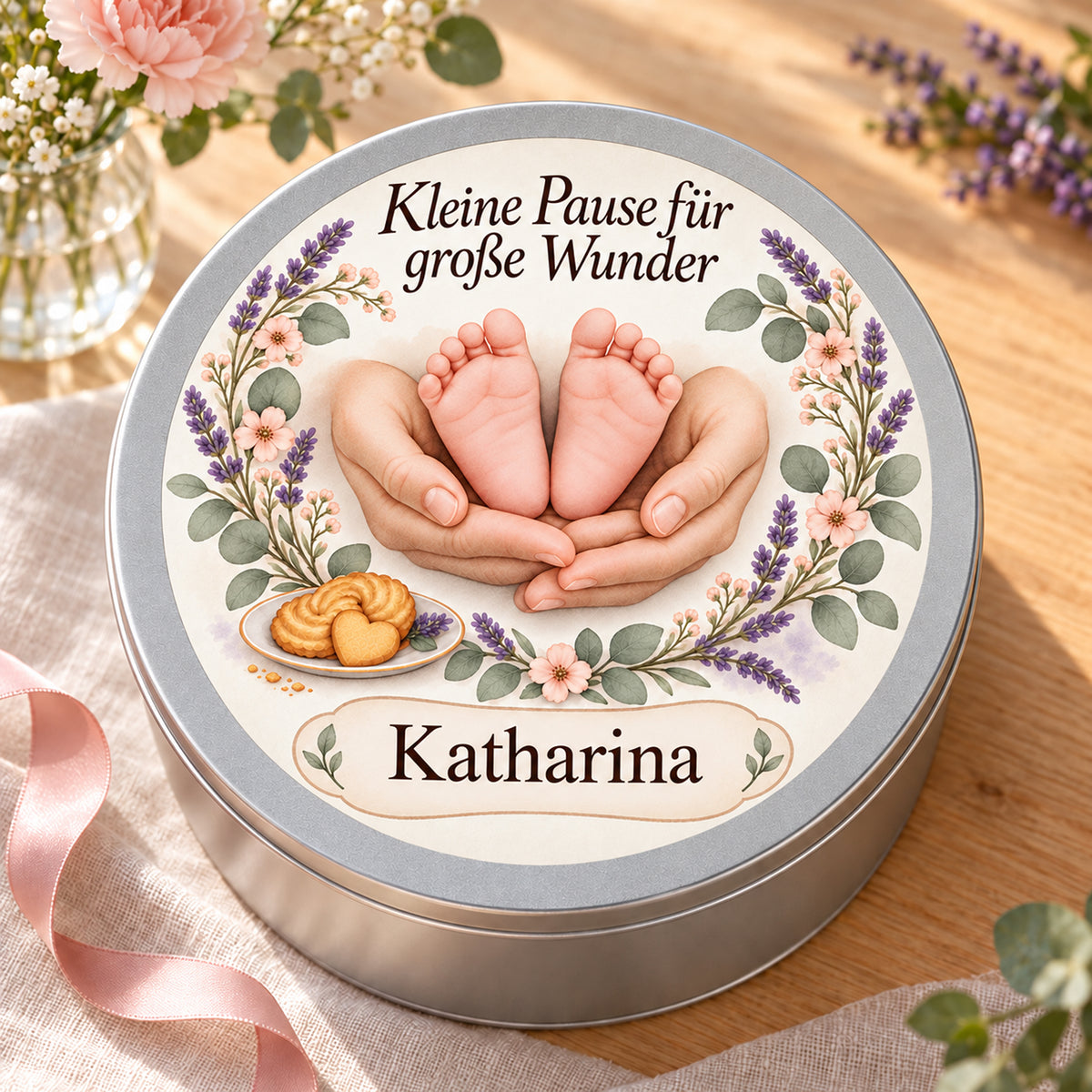 Personalisierte Keksdose mit Lavendelherz-Motiv als Dankeschön-Geschenk in warmer Umgebung