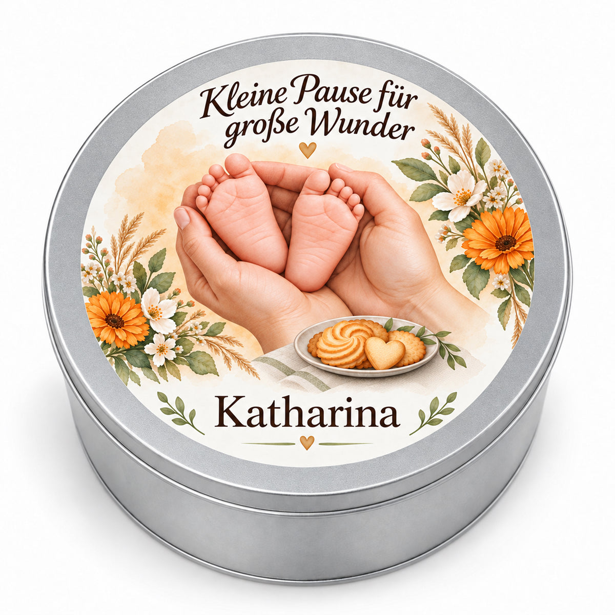 Geschlossene silberne Keksdose mit floralem Hebammenmotiv Goldene Blütenruhe und personalisiertem Deckel vor weißem Hintergrund