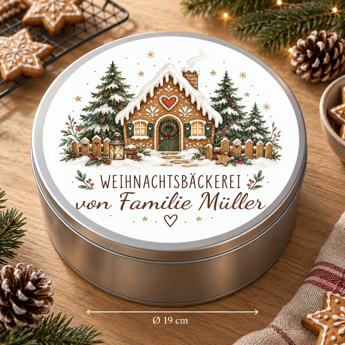 Personalisierte Keksdose Waldhäuschen mit Größenangaben: 19 cm Durchmesser und 7 cm Höhe.