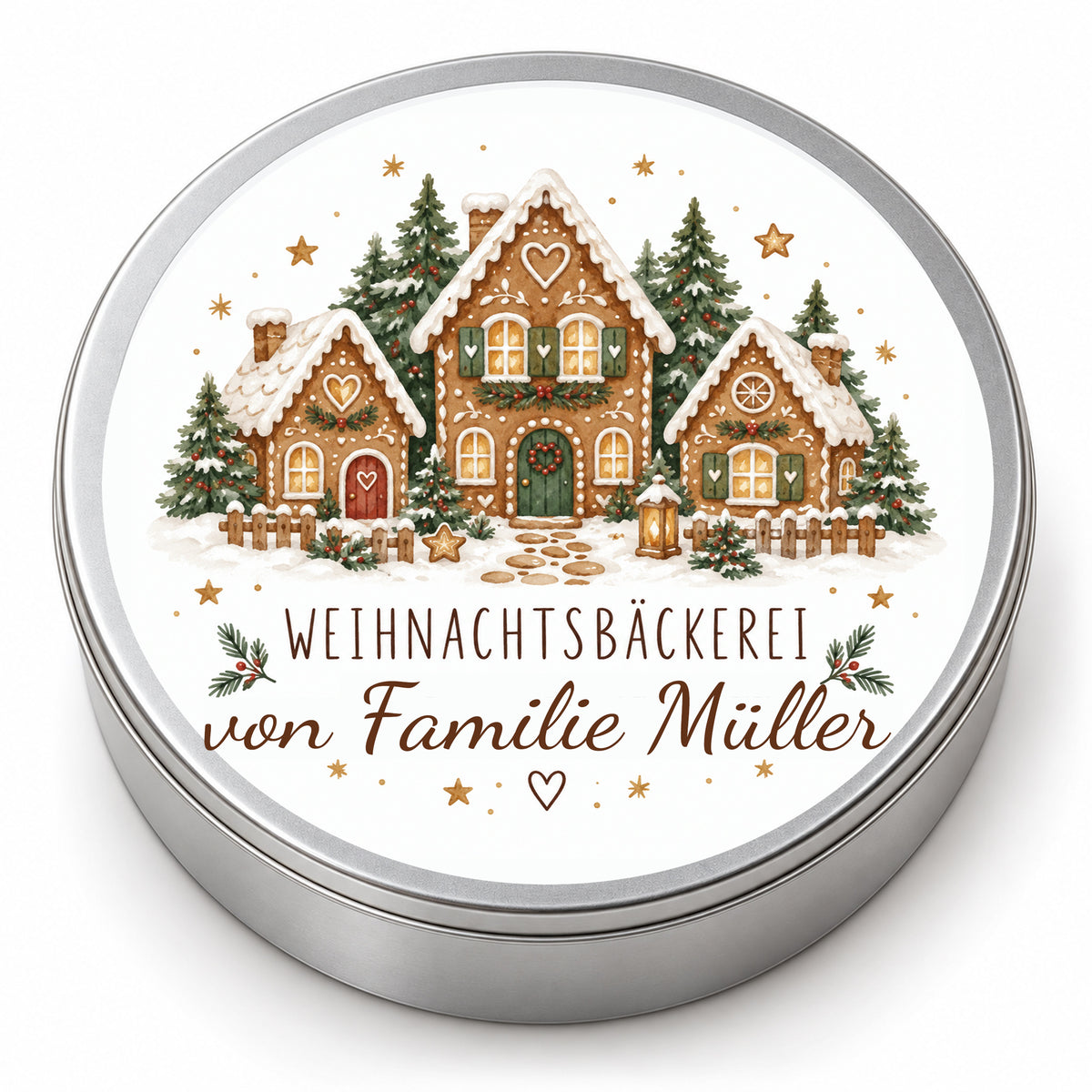 Runde silberne Keksdose mit Weihnachtsbäckerei-Motiv Lebkuchendorf und personalisierter Textzeile auf dem Deckel.
