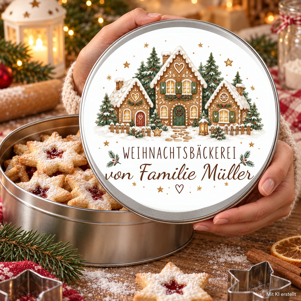 Hände halten eine personalisierte Keksdose mit dem Motiv Lebkuchendorf; Kennzeichnung als KI-Bild.