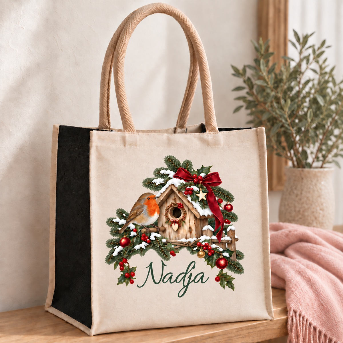 Weihnachtliche Einkaufstasche mit Rotkehlchen-Motiv und Namenszug auf einer Holzbank