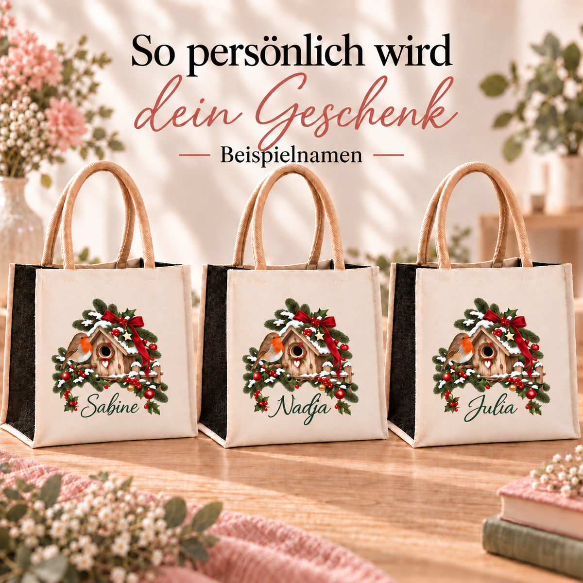 Drei Weihnachtstaschen mit identischem Rotkehlchen-Motiv und verschiedenen Beispielnamen zur Personalisierung