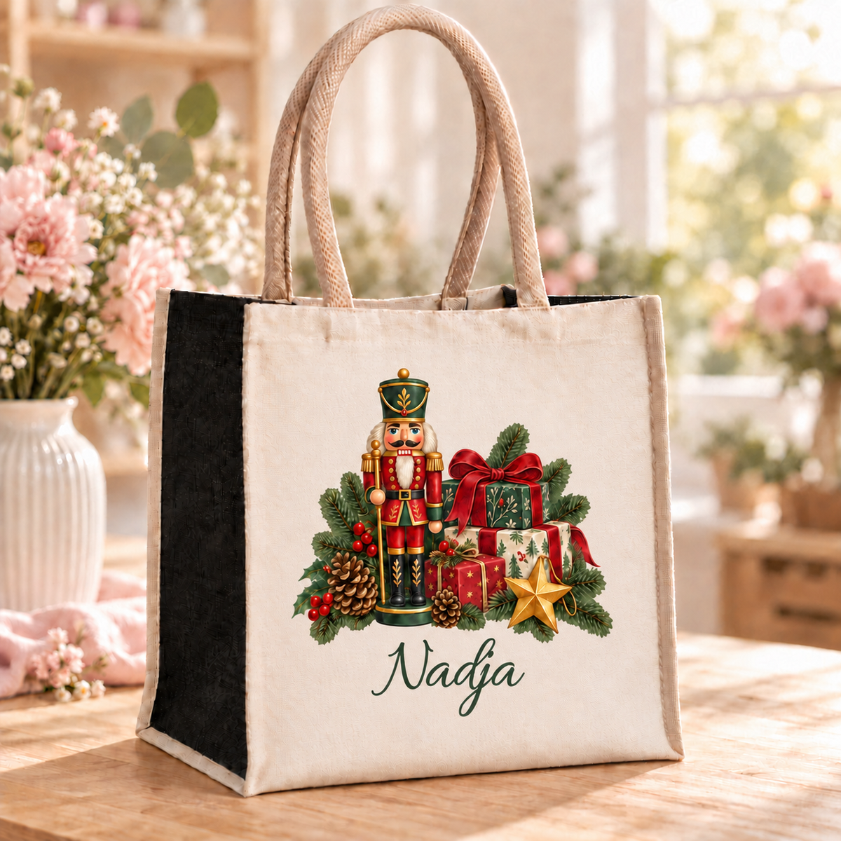 Personalisierte Weihnachtstasche mit Nussknacker-Motiv auf einem Holztisch im Blumenatelier