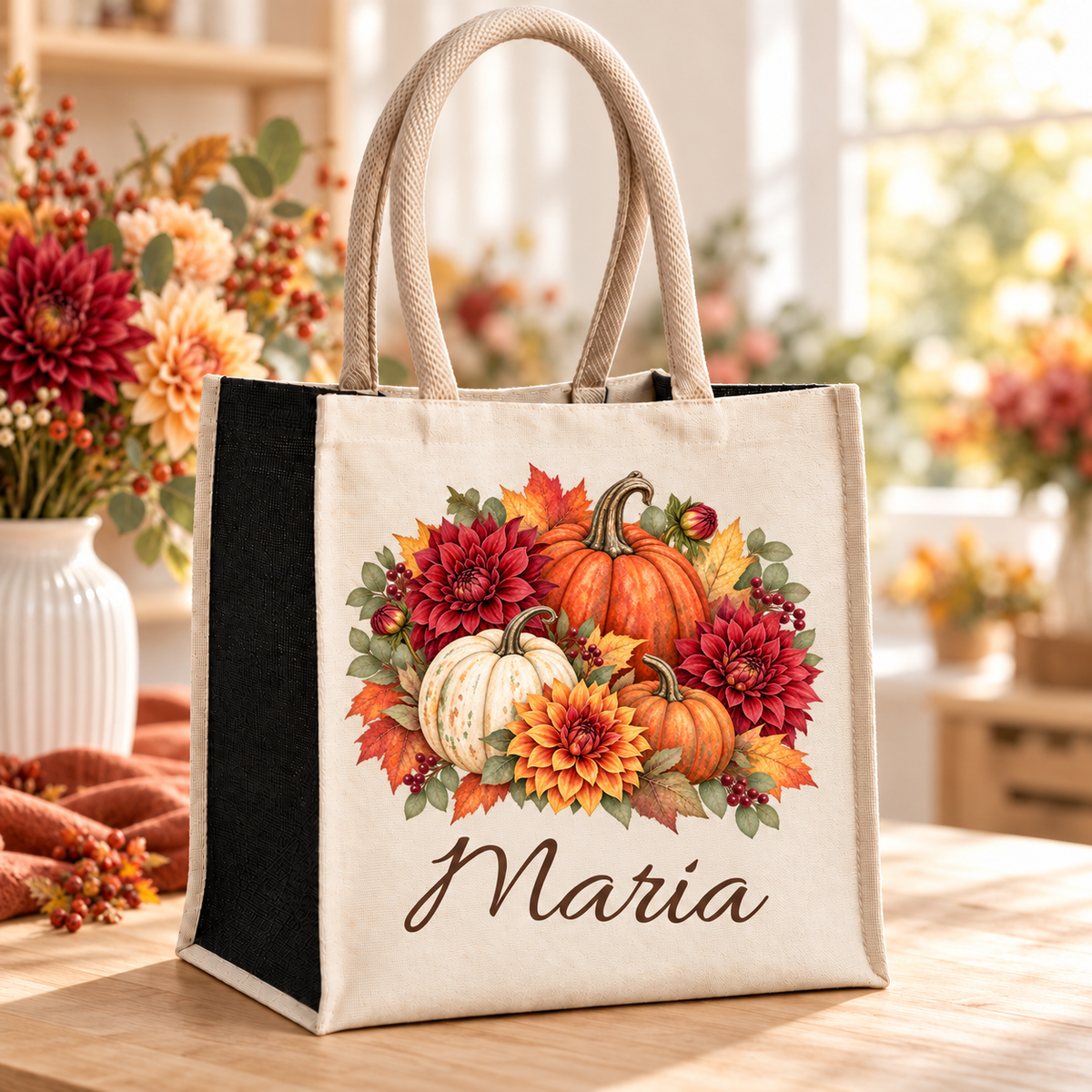 Baumwoll-Jute-Tasche mit Kürbis und Dahlien und Wunschname im Blumenatelier