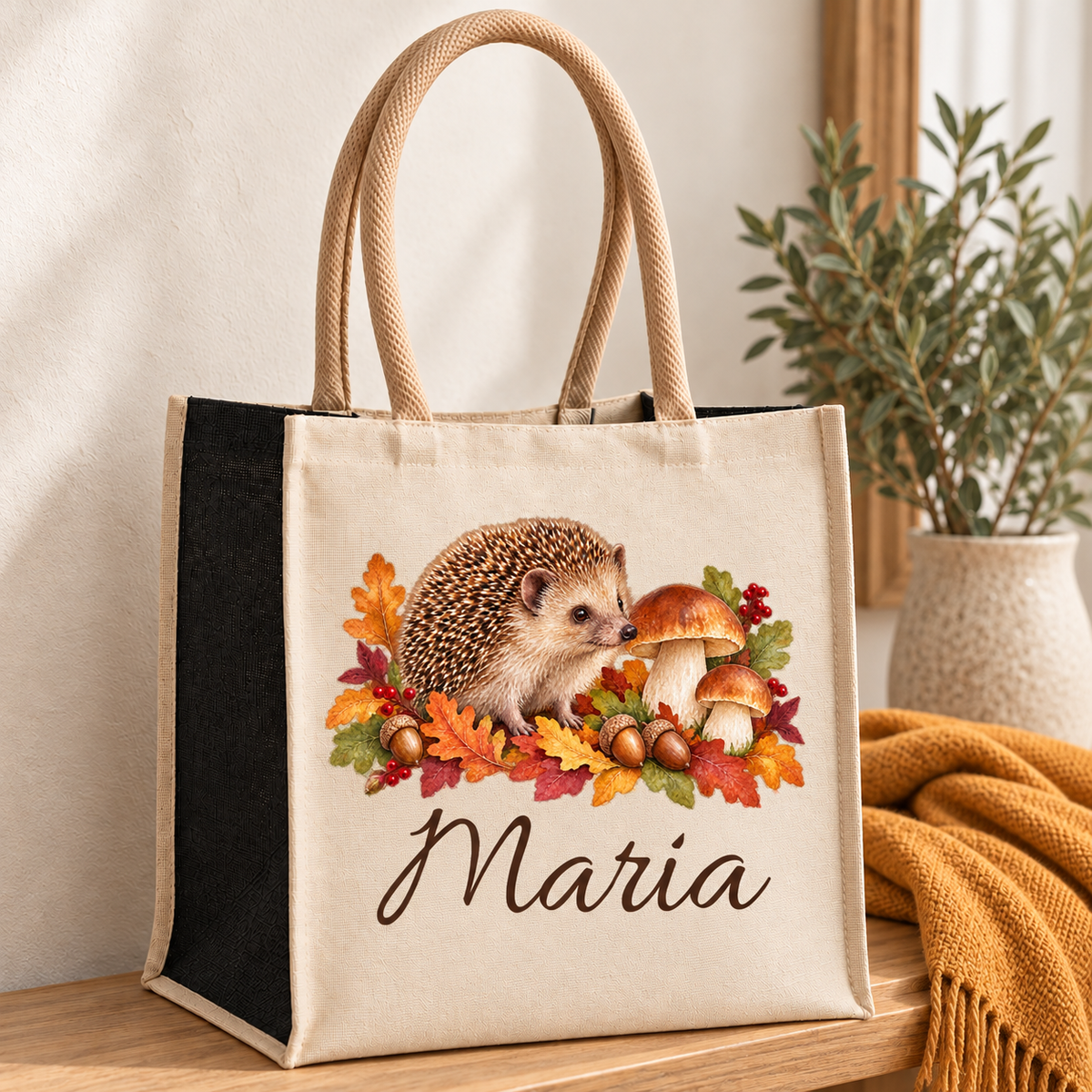 Baumwoll-Jute-Tasche mit Igel und Pilzen und Wunschname auf einer Holzbank