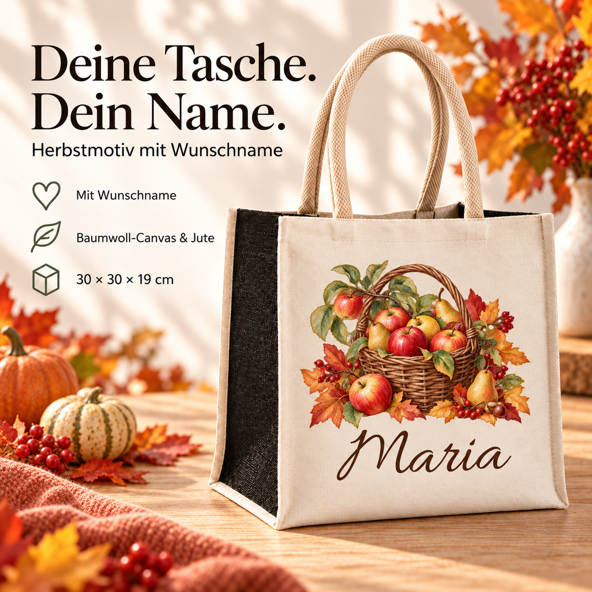 Personalisierte Tasche mit Apfelkorb, Größen- und Materialangaben