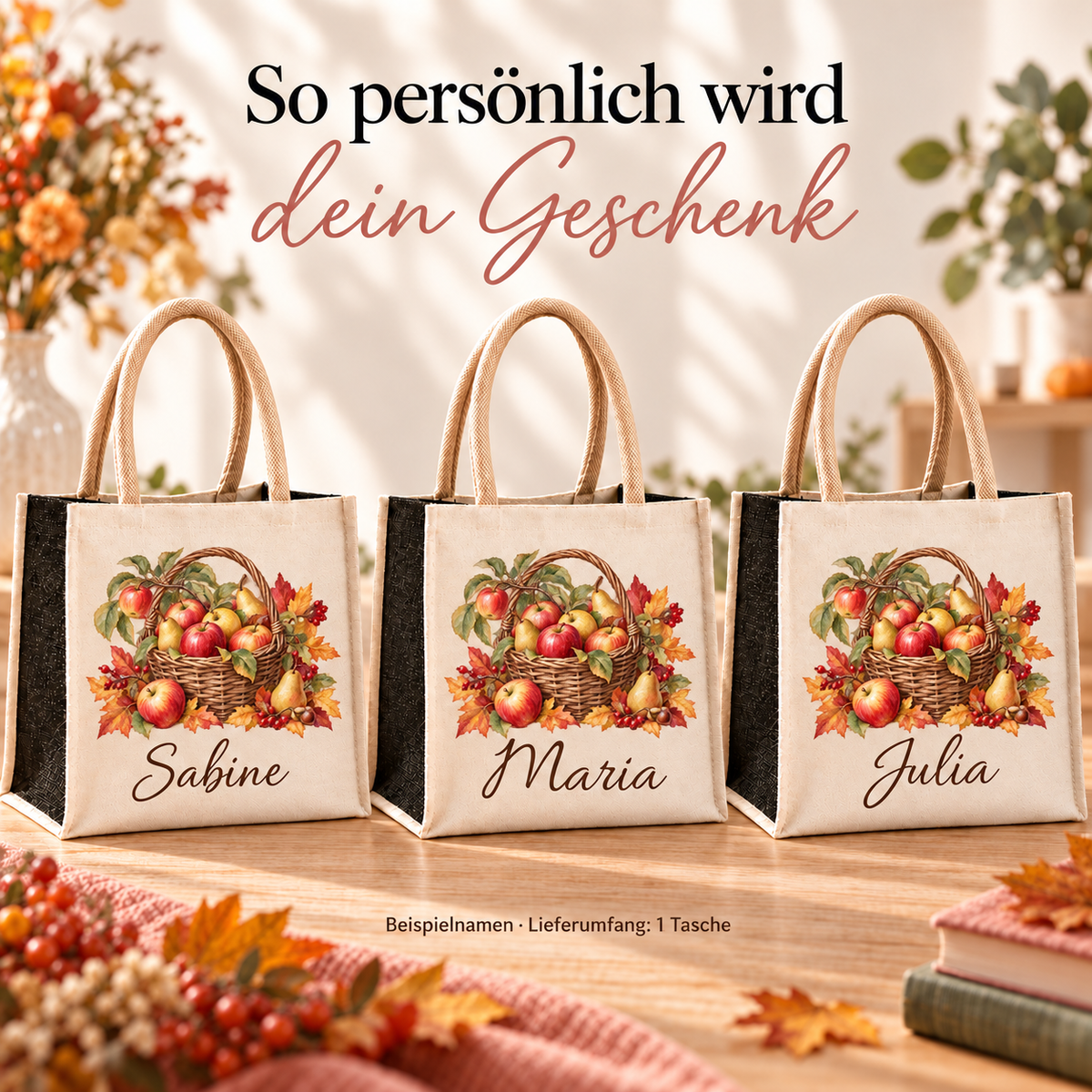 Mehrere Taschen mit Apfelkorb und unterschiedlichen Wunschnamen