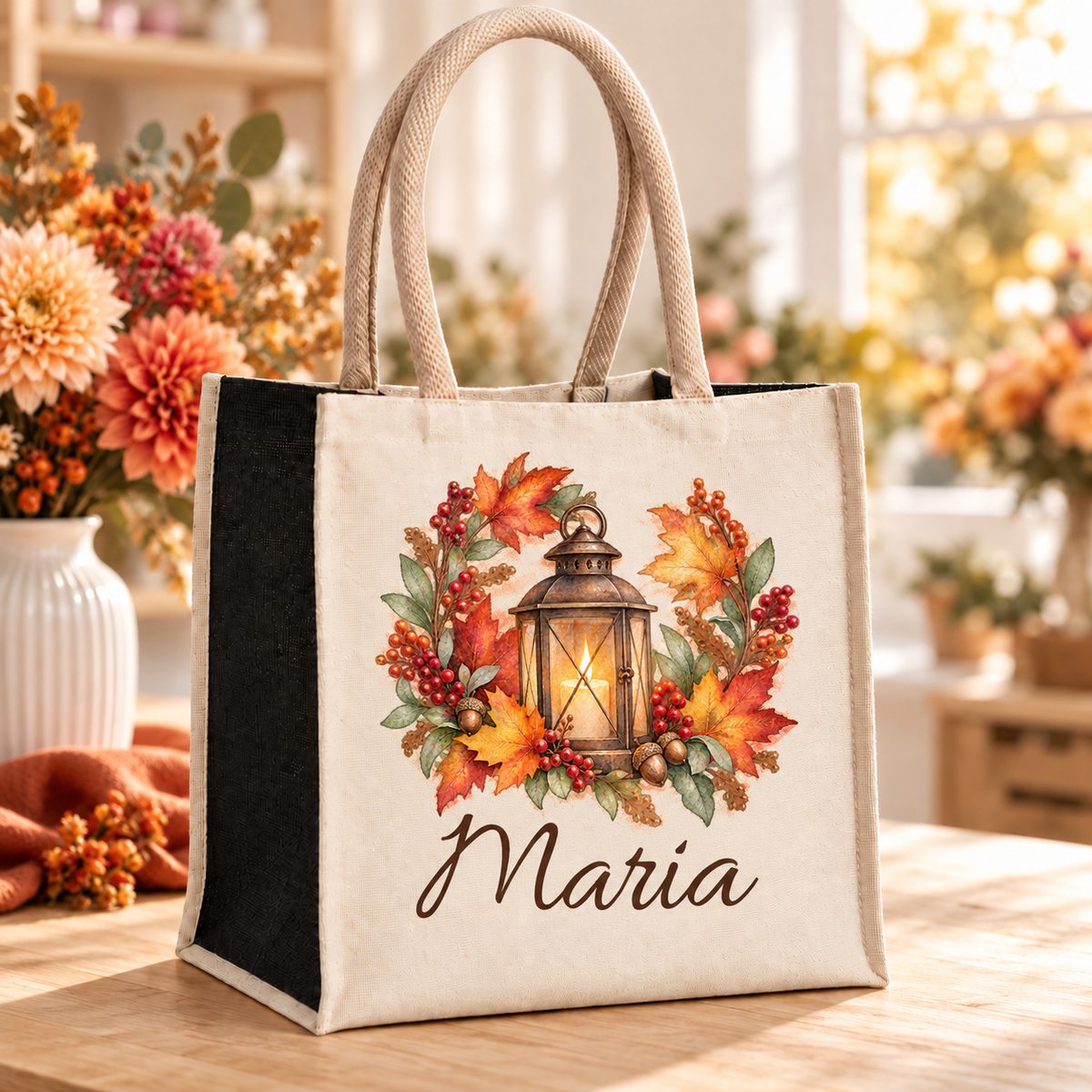 Baumwoll-Jute-Tasche mit Laterne im Herbstkranz und Wunschname im Blumenatelier